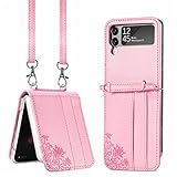 Kompatibel mit Galaxy Z Flip 3 Hülle mit Kette Leder Handyhülle Wallet Case mit 2 Kartenfächer Lederhülle für Sasmung Z Flip 3 mit Band Blumen Muster 360 Stoßfest Schutzhülle (Rosa,Zflip3)