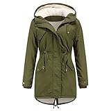 Yowablo Kapuzenmantel Damen Kordelzug warm innen Fleece gefütterter Mantel schmaler Reißverschlussmantel ( 3XL,3armeegrün )