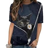 TBVIANE Damen T-Shirt mit 3D-Cartoon-Katzen-Druck, Rundhalsausschnitt, langärmelig, lockeres T-Shirt, Frühling, lässig, übergroßes Oberteil, Kurz wie abgebildet, XXXXL