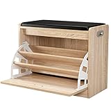 Schuhbank Schuhschrank mit sitzfläche Sitzkissen Sitzbank Schuhregal mit stauraum 3 Tier Schuhtruhe PU-Sitzkissen Schuhwechsel Hocker Flur Holz Staubdicht 60x50.5x29.5cm (Eiche)