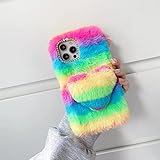 TYWZ Plüsch Regenbogen Hülle für Samsung Galaxy A42 5G,Flauschige Niedlich Handyhülle für Frauen Süße Hase Pelz Winter Warm Weich Cover Schutzhülle 3D Herz-Rot Grü