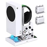 Verbesserter Lüfter mit Ladeständer für Xbox Serie S Konsole und Controller, Dual Charger Dock Zubehör mit 2 x 1400 mAh wiederaufladbaren Akku und Abdeckung, Kopfhörerhalterung für Xbox Serie S