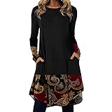 KIMODO Langarmkleid Rundhalsausschnitt Vintage Minikleid Freizeitkleider Damen Strandkleid Ethnic Bohemian Tunika Unregelmäßige Casual Loose Lässiges T-Shirt Länge Kleider mit Taschen (A-Braun, L)