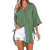 LOPILY Basic Oberteile Damen Oversize Langarmshirts mit Seitenschlitz Knopfleiste Bluse mit V-Ausschnitt Lose Lässige Tunika für Freizeit Knoten Blusenshirt Damen Herbst (Grün,50)