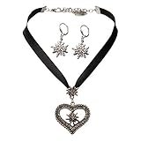 Alpenflüstern Trachtenschmuck-Set Satin-Trachtenkette Strassedelweissherz und Trachten-Ohrhänger Strass-Edelweiss - Damen-Trachten-Schmuck, Trachtenset Kette und Trachten-Ohrringe schwarz SET044