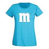 T-Shirt M&M Schoko-Linse Gruppenkostüm Karneval Fasching 15 Farben Damen XS-3XL M's Fans Ms Krümelmonster Darts Tanzgruppe Mottoparty, Größenauswahl:3XL, Farbe:Azure/türkis - Logo W