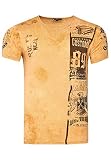T-Shirt Herren Kurzarm Rundhals T Shirt für Männer Front & Back Print Regular Fit Washed Tshirt 234, Farbe:Camel, Größe S-3XL:XL