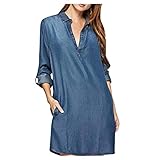 NHNKB Female Midikleid Langarm Große Größe Loose fit Shirt Kleider Jeans Kleid (Light Blue, XXXXL)
