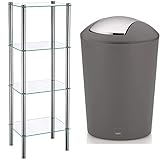 Kela 18051, Regal, 4 Etagen, Metall/ Sicherheitsglas, 40x 30x 106 cm, Lars, Verchromt & 22302 Schwingdeckeleimer, Kunststoff, Grau, 5 L