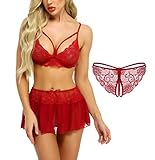 Lucyme Damen Reizwäsche Set Sexy Unterwäsche Dessous Lingerie Negligee 3-TGL Lace Bralette Minirock mit G-String,Rot,S