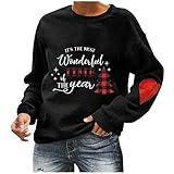 Overdose Damen Merry Christmas Tops Modisches Sexy Oberteile Schulterfreies Tunika Langarm-Top T-Shirts mit V-Ausschnitt Hemd Weihnachtsdruck Sw