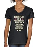 Comedy Shirts - Ich arbeite verdammt hart damit Mein Dobermann. - Damen V-Neck T-Shirt - Schwarz/Beige-Fuchsia Gr. S