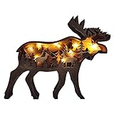 OKUGAIYA 3D Wald Tier Holz Handwerk, Elch Dekoration Handwerk, Retro Bär Hirsch Deko mit LED Wandbehang Handbemalt Weihnachten Ornament (Groß REH)