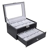 SONGMICS Uhrenbox für 20 Uhren, Uhrenkasten mit Glasdeckel, Uhrenkoffer mit herausnehmbaren Uhrenkissen, Uhrenschatulle, Bezug in Schwarz, graues Samtfutter, als Geschenk, schwarz JWB020