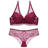 SHEKINI Damen BH Set BH und Slip Spitze V-Ausschnitt Push Up Bügel BH Unterwäsche Panty Lingerie S