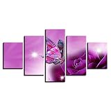 ZHONGZHONG Wandkunst Leinwanddrucke 5 Stück Schmetterling Und Lila Blumen Sonnenschein Dekorative Schlafzimmer Wohnzimmer Home Wall Art Decor Kunstwerk Geschenk 5 Leinwandbilder(Mit R