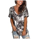 Lässiges Damen-T-Shirt, V-Ausschnitt, kurze Ärmel, Batik-T-Shirt, Sommer-Tops mit Tasche, große Größe, Jeans für Damen, grau, X-Larg