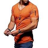 Sportshirt Herren Sommer Einfachheit Mode V-Ausschnitt Einfarbig Herren T-Shirt Modern Persönlichkeit Reißverschluss Kurzarm Casual Atmungsaktives Laufshirt B-Orange 4XL