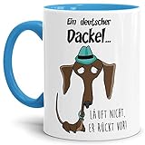 Tassendruck Dackel-Tasse mit Spruch Deutscher Dackel läuft Nicht, er rückt vor! / Hund/Tier/Cup/Mug/Dachshund/Innen & Henkel Hellb