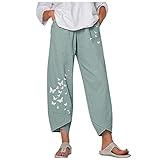 LRWEY Damen-Freizeithose, modisch, lockere Baumwolle, Leinenhose, Schmetterlings-Druck, Hose mit weitem Bein, grün, XXL