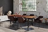 SAM 7tlg. Tischgruppe Laurina 200 x 100 cm, Akazienholz massiv & nougatfarben, Esstisch mit U-Gestell schwarz lackiert, echte Baumkante + 6X Esszimmerstuhl Kirin in Wildleder-Optik