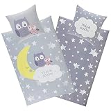 Aminata Kids Kinderbettwäsche 135x200 Mädchen Baumwolle Eule Eulen-Tier-Motiv grau mit YKK Reißverschluss Kinder-Bettwäsche-Set mit Mond, Sterne & Spruch - Tier-Vogel-Motiv U