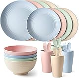 28-teiliges Geschirr Set , Camping Geschirr Tafelservice Komplettservice，mit Schüssel Teller Esslöffel Essgabel Essmesser und Becher,für Picknick, Party, Grill, Geschenk, Hochzeit, Camping (4 color)