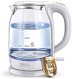 XBR Glas Wasserkocher 1,7L Blau LED Beleuchtet Tragbares Büro/Heimgebrauch Reines Glas Schnurlos Auto Power Off Edelstahl Schnellkocher Teekanne Wasserkocher,Transparent,1500W Weiß