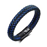 VNOX Armband für Männer Echtes Leder für Männer Unisex Manschettenwickelarmband Schwarz Blau Geflochtener Magnetverschluss Seil Armband,20.5cm,Schw