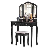 ffshop Make-up-Eitelkeit Eitelkeit Make-up-Dressing Tischhocker for Mädchen Frauen Eitelkeitset mit gepolsterter Bank 5 Schubladen Lagerung und Tri-Faltspiegel, schwarz Schmink