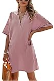 Damen Sommerkleid V-Ausschnitt Strandkleid Kurzarm Minikleid mit Taschen Freizeitkleid Lose Einfarbig A Linie Knielang T-Shirt Kleider Bikini Cover Up