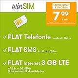 Handyvertrag winSIM LTE All 3 GB - monatlich kündbar (FLAT Internet 3 GB LTE mit max 50 MBit/s mit deaktivierbarer Datenautomatik, FLAT Telefonie, FLAT SMS und EU-Ausland, 7,99 Euro/Monat)