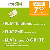 Handyvertrag winSIM LTE All 3 GB - monatlich kündbar (FLAT Internet 3 GB LTE mit max 50 MBit/s mit deaktivierbarer Datenautomatik, FLAT Telefonie, FLAT SMS und EU-Ausland, 7,99 Euro/Monat)