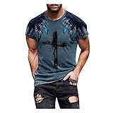 Herren T-Shirt Mode Kreuz Tier Motiv Tops 3D-bedruckter Pullover Rundhalsausschnitt Kurzarm Streetwear Slim Tunika Bluse(L,Blau)