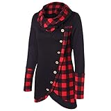 Closhion Damen Langarm Wasserfallkragen Hoodie Sweatshirt Plaid Knopf Tunika Tops Bluse T Shirt, Schwarz , 46