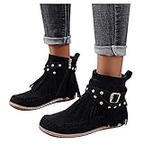 Geilisungren Stiefel Mit Fransen Keilabsatz Damen Stiefeletten Mit Absatz Elegant Fransen Stiefel Blockabsatz Cowboy Boots Flache Stiefeletten Schnürstiefel Kurze Stiefel PU Ankle Boots mit S