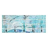 Wandgarderobe Holz Bunte Collage Blaue Fische Haken schwarz Querformat 40 x 100