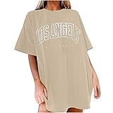 Damen T-Shirt Sommer Los Angeles Kurzarm Grafikdruck Shirt Tunika Oversized Mode Lose Rundhals Buchstaben Longshirt Frauen Vintage Bluse Oberteile Lang Tops für Teenager M