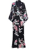 BABEYOND Damen Morgenmantel Maxi Lang Seide Satin Kimono Kleid Pfau Muster Kimono Bademantel Damen Lange Robe Schlafmantel Girl Pajama Party (Schwarz)