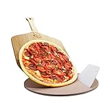 Cordierit Back-Pizzastein-Pfanne mit Bambus Pizzaschieber und Multifunktionsschaber, sicher, Wärmespeicherung, 33 cm rund für O