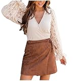 TTWOMEN Damen Einfarbig V-Ausschnitt Langarmhemden Tops Spitzennähte Elastische Laternenärmel Bottoming T-Shirt B