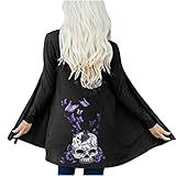 Isshops Damen Mantel Lang Elegant Langarm Rundhals Strickjacke Halloween Totenkopf Druck Casual Damen Locker Bluse Offener Stich Langarmshirt Herb