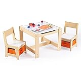 VONLUCE Kindertisch mit 2 Stühlen Kindersitzgruppe Holz Kindertruhenbank für Kinderzimmer Maltisch Kinderstühlen mit 2 Aufbewahrungsboxen 3-teiliges Set Kindermöbel für Malen Lesen Essen Sp