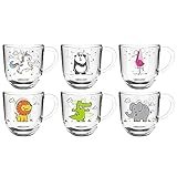 Leonardo Bambini Glas-Tassen 6er Set, Kinder-Becher aus Glas mit Tier-Motiven, spülmaschinengeeignete Tee-Tassen, bunte Tiere 6 Stück 280 ml, 022904