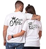 Couple T-Shirt Her Queen His King Partner-T-Shirt Damen und Herren Couple-Shirt Geschenk für Verliebte 1 Stück (Weiß-Queen, L)