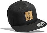 Cap: Anker- Flexfit Snapback Basecap mit Leder Patch - Urban Streetwear - Männer Mann Frau-en - Baseball-Cap Mütze Kappe Kapitän Seemann - Angler - Hamburg - Basecap - Vintage Retro (Schwarz)