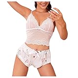 JISHII Dessous-Sets für Damen Weiß Spitze Durchsichtige Extradünn Atmungsaktiv Hosenträger Bandeau mit 1PC Liebe Stoffdruck Schleife Shorts Höschen Verführerisch Dessous-S
