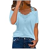 Ur_Ben Schulterfreies T-Shirt FüR Damen LäSsige AusgehöHlte Kurzarm Sommer Spitze V-Ausschnitt Loser Pullover Einfarbige Tunika-Bluse(Blau,S)