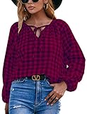 WXDSNH Shirt Tops Damen Casual Langarm Plaid V-Ausschnitt Lace-up Lose Vintage Print Pullover Blusen Herbst F