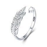 FOREVER QUEEN 925 Sterling Silber verstellbarer Ring Gefiederflügel Ring für Mädchen Feder Ring für Frauen Offener Finger Ring Geschenk mit Schmuckschatulle… (Feder ring)